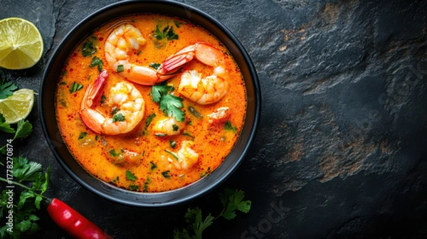 Obraz Tom Yam kung Spicy Thai soup with shrimp, seafood, coconut milk and chili pepper in a bowl, top view