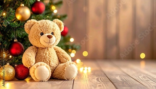 Fototapeta Cute teddy bear sitting beside glowing Christmas tree in warm cozy atmosphere