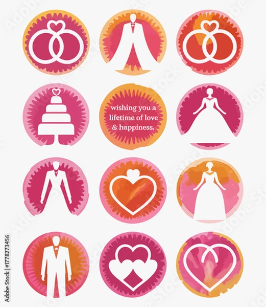 Fototapeta A beautiful arrangement of elegant wedding symbols, including rings, dresses, and hearts, designed to convey joy and unity, making it ideal for wedding-themed projects.