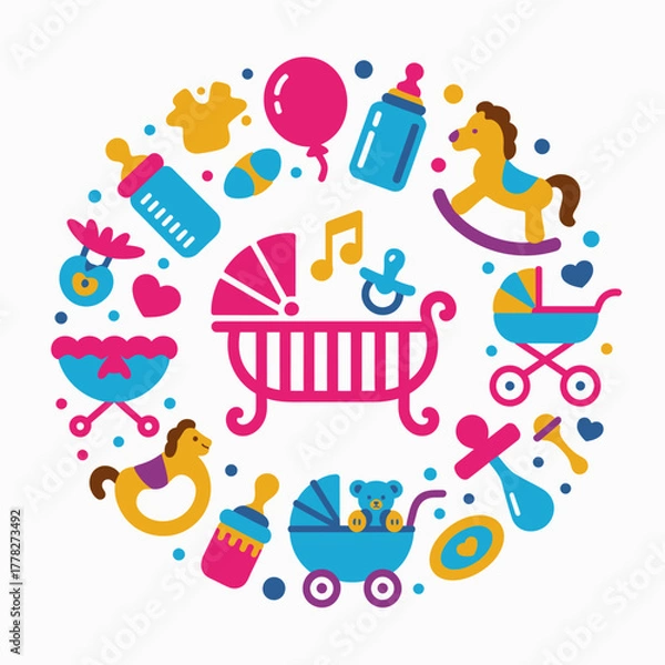 Fototapeta A lively image illustrating a fancy baby crib surrounded by toys, bubbles, and other playful elements, evoking a sense of wonder and childhood magic.