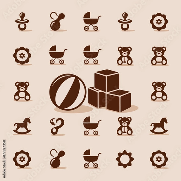 Fototapeta An engaging variety of whimsical baby-themed icons, including strollers and toys, excellent for children-related products and playful nursery designs.