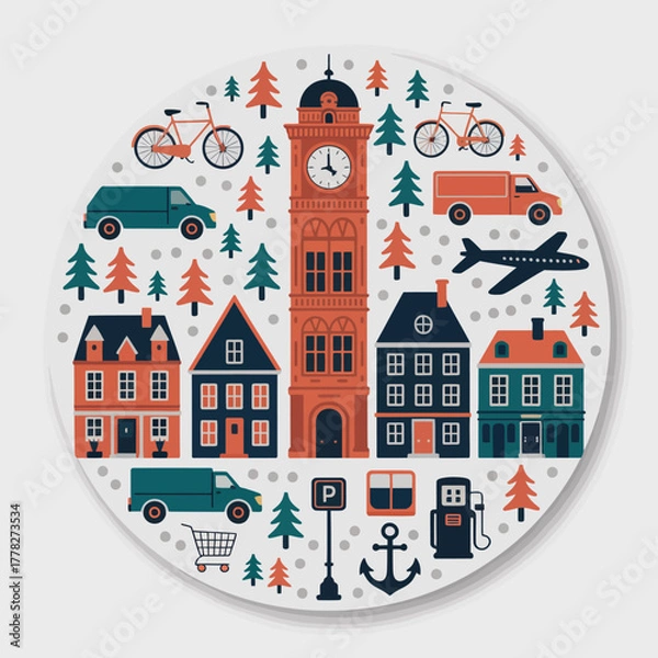 Fototapeta A creative portrayal of a town, complete with a prominent clock tower, various houses, vehicles, and natural elements, depicting a bustling living space.
