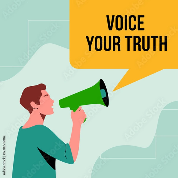 Fototapeta A person passionately speaking into a megaphone, symbolizing the importance of voicing one’s truth and expressing beliefs in today’s society and culture.