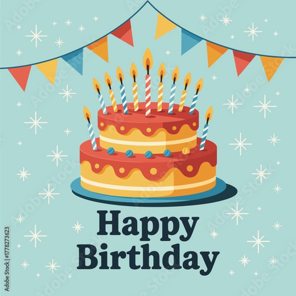 Fototapeta A beautifully designed birthday cake adorned with colorful candles, conveying the joy and celebration of birthdays, perfect for festive occasions and events.