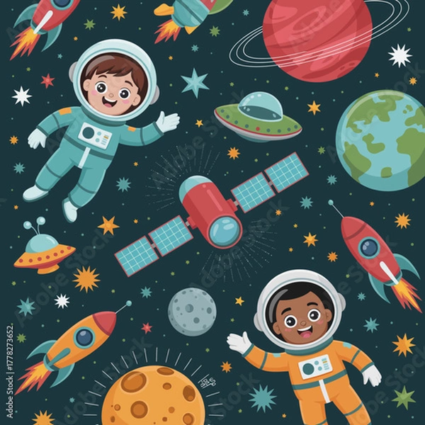 Fototapeta A charming illustration depicting children astronauts exploring outer space, featuring rockets, planets, and a colorful cosmic backdrop, ideal for kid's educational themes.