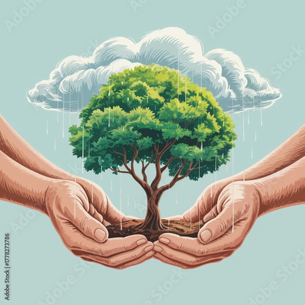 Fototapeta This vibrant illustration portrays hands supporting a flourishing tree, symbolizing unity, teamwork, and the collective effort to promote environmental health and sustainability.