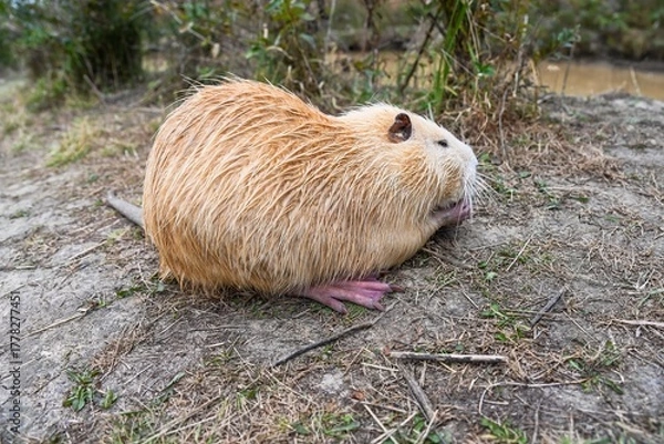 Fototapeta A light brown nutria or coypu Myocastor coypus sitting sideways on dry land among grass and plants under daylight, showing full body view.