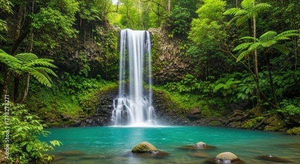 Fototapeta Tall rainforest waterfall with exotic ferns and palms. Powerful cascade in a dense tropical jungle. Awe-inspiring waterfall with ethereal blue-green water.
