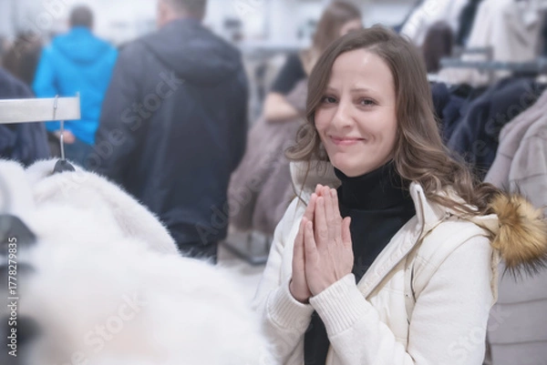 Fototapeta A 30-35-year-old white woman with a smile and pleading looks dreamily at her friend into the camera in a fashion boutique - she dreams of a new fur coat and asks to be given a white coat for Christmas