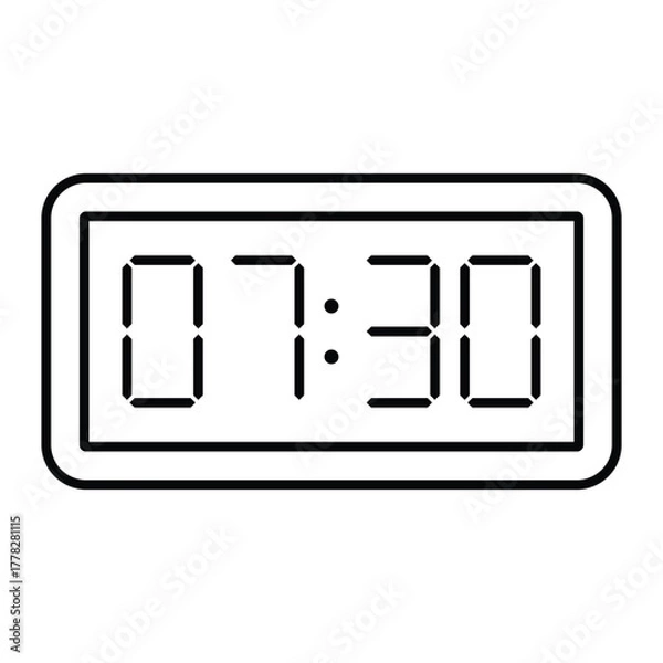 Fototapeta Digital alarm clock vector icon. Simple black outline of electronic display showing time 07:30. Minimal flat line art design for time, schedule, or wake-up symbol use.