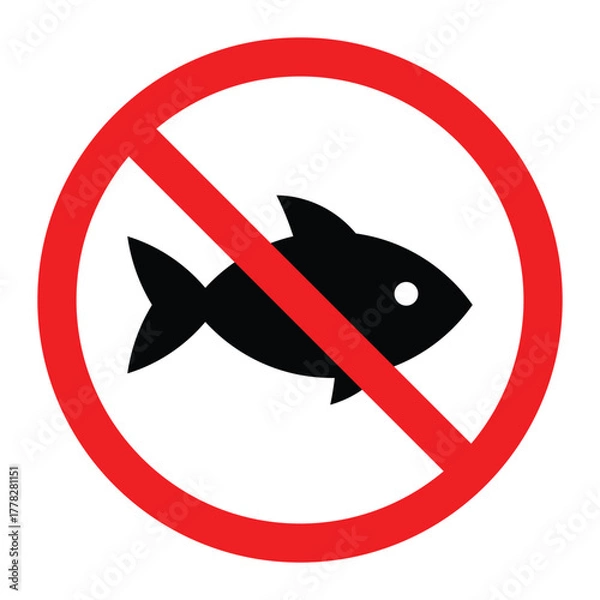 Fototapeta No fish vector icon. Red prohibition circle with diagonal line over black fish silhouette. No fishing warning or restriction sign for safety label design.