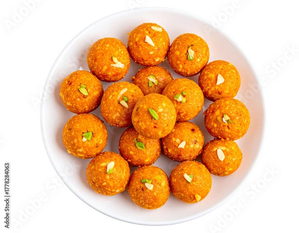 Obraz plate of Indian ladoo sweets top view isolated on white and transparent, background