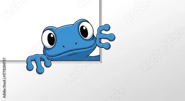 Obraz Cute Cartoon Blue Frog Peeking Over Blank White Sign with Copy Space
