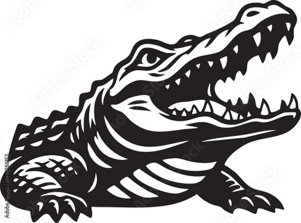 Obraz Attacking reptile face line art, vintage engraving style design element.