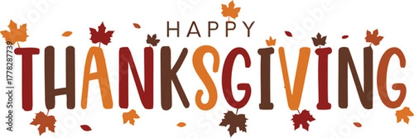 Obraz Celebrate autumn's bounty with vibrant 'Happy Thanksgiving' text adorned with falling leaves, perfect for festive greetings and seasonal designs.