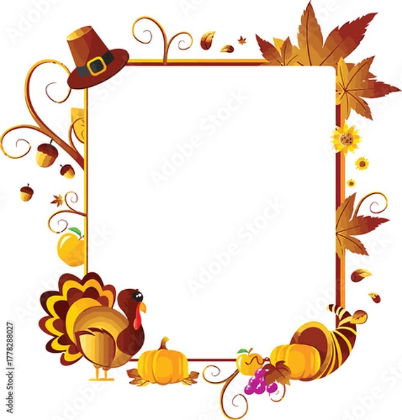 Obraz Charming Thanksgiving border design featuring a playful turkey, pumpkins, bountiful cornucopia, and festive autumn foliage for seasonal celebrations