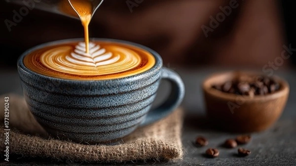 Fototapeta Crafting artful coffee creations in a cozy  close-up beverage photography showcasing coffee culture