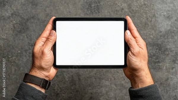 Fototapeta Holding a tablet with blank screen modern workspace digital device contemporary setting close-up view technology concept