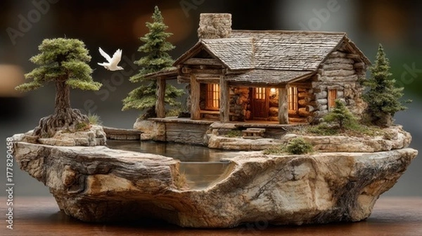 Fototapeta Scenic wooden lodge with pond tranquil nature setting model art display rustic design close-up view serenity concept