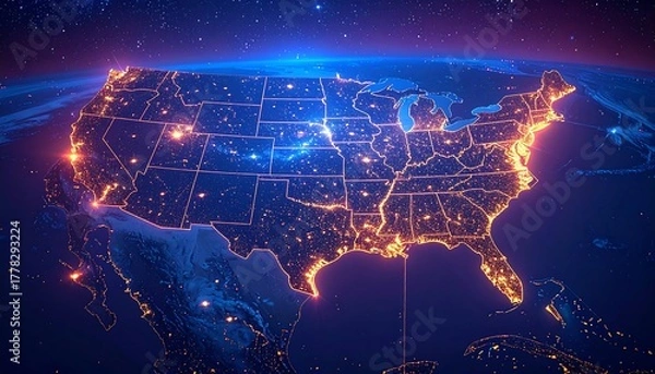 Fototapeta USA map at night, glowing cities