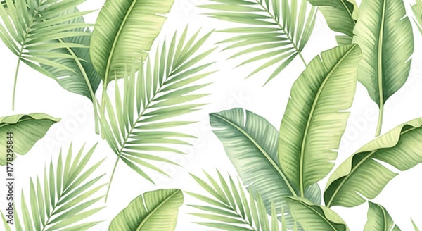 Fototapeta Watercolor painting of lush green banana and palm leaves, isolated on transparent background