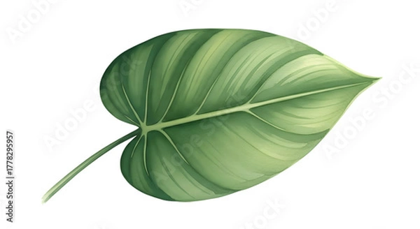 Fototapeta A single green leaf with prominent veins and a white stem, isolated on a transparent background