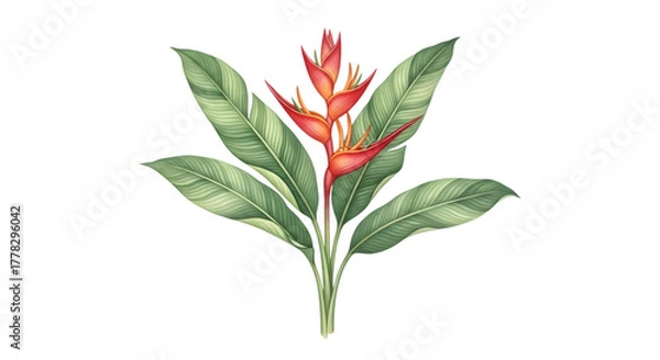 Fototapeta A vibrant heliconia flower with lush green leaves, isolated on transparent background