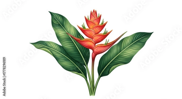 Fototapeta Vibrant heliconia flower with lush green leaves, isolated on transparent background