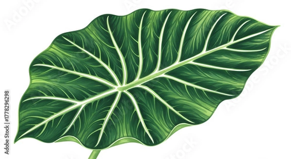 Fototapeta A large, vibrant green elephant ear leaf with prominent white veins, isolated on a transparent background