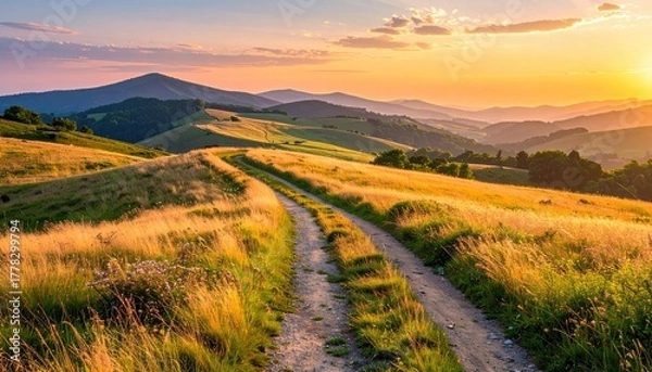 Obraz Dusty Winding Dirt Road Through Golden Grassy Hills and Wildflowers at Sunset with Sunflare in the Distance
