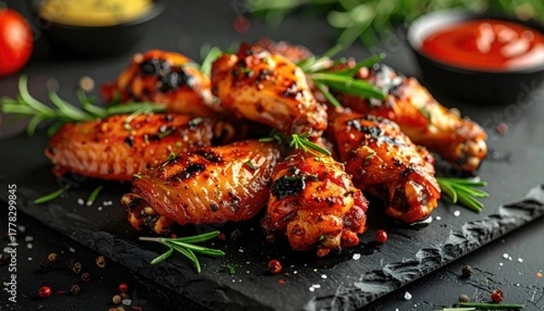 Obraz Golden brown grilled chicken wings seasoned with herbs and spices served on a dark stone platter with rosemary sprigs and salt flakes