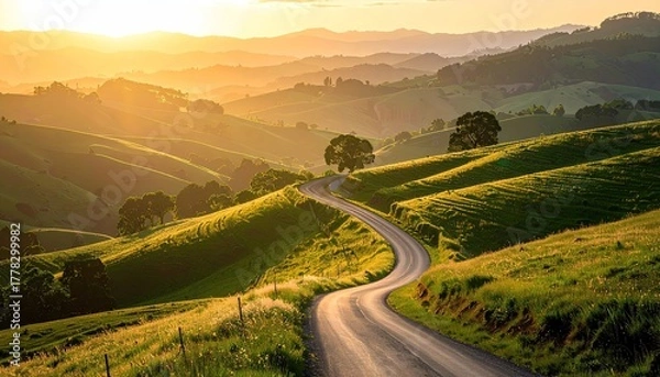 Obraz Golden Hour Sunlight Illuminates Rolling Hills and Winding Road in Rural Landscape