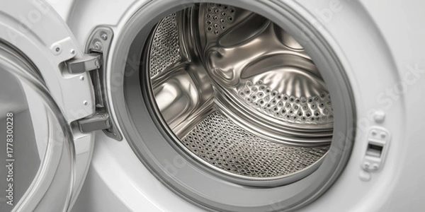 Fototapeta Close up view of white washing machine with open door, revealing shiny metal drum inside. image highlights clean and modern design of appliance