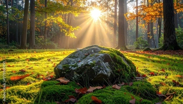 Obraz Golden Sunbeams Pierce Autumn Forest Canopy Illuminating Moss Covered Rock and Fallen Leaves on Grassy Ground