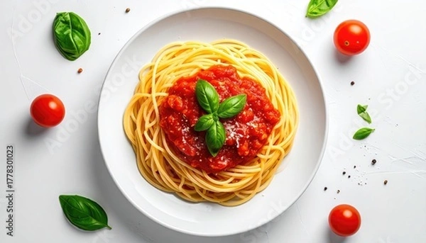 Obraz Italian Spaghetti with Tomato Sauce and Basil on White Plate Top View Overhead Shot