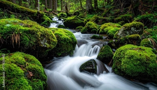 Obraz Lush green moss-covered rocks surrounding a gentle waterfall in a sun-dappled forest with sparkling light effects and flowing water motion blur