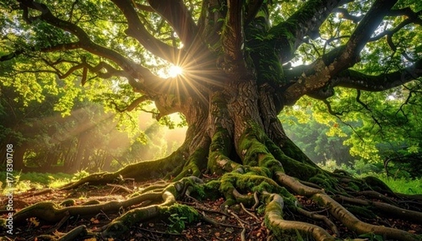 Obraz Majestic Ancient Oak Tree With Sunlight Rays Streaming Through Its Branches In A Lush Green Forest