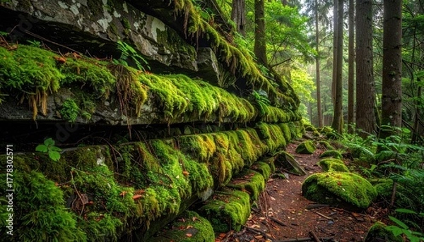 Obraz Moss Covered Rock Wall In A Lush Green Forest With Dappled Sunlight Filtering Through The Trees And Tiny Orbs Of Light Floating In The Air