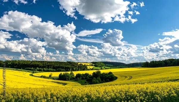 Fototapeta Vast yellow field under a vibrant sky