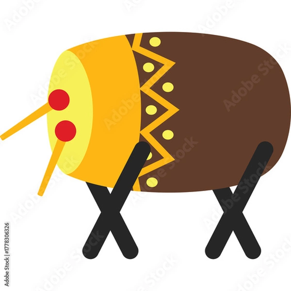 Fototapeta Traditional Indonesian Bedug drum with yellow and brown pattern standing on black legs with red drumsticks and yellow background on transparent white backdrop