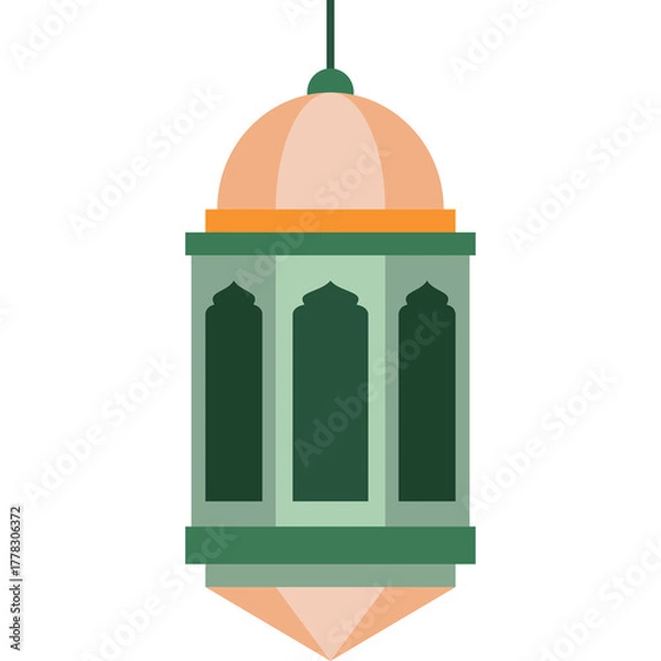 Fototapeta Traditional Islamic Lantern With Ornate Arch Details In Muted Peach Green And Orange Hues Hanging Against A White Background