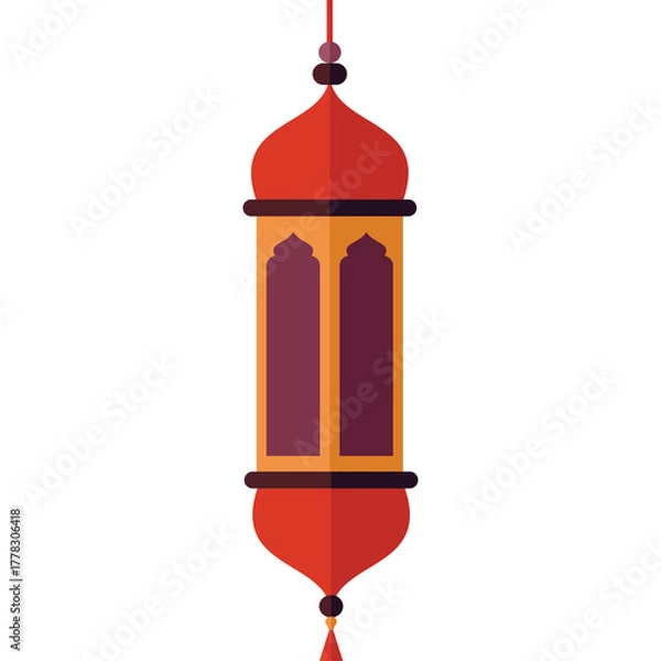 Fototapeta Traditional Islamic Lantern With Red Top and Bottom Ornate Design Hanging Against White Background Intricate Patterned Glass Detail
