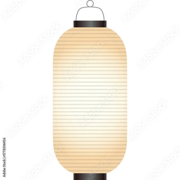 Fototapeta Traditional Japanese Chochin Lantern with Cream White Shade and Black Cap Detailed Illustration Hanging Element Illuminated Ambient Glow Neutral Background