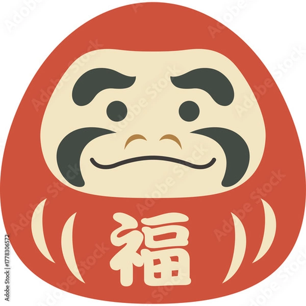 Fototapeta Traditional Japanese Daruma Doll With Kanji Symbol For Good Fortune And Prosperity Red Face And Cream Body