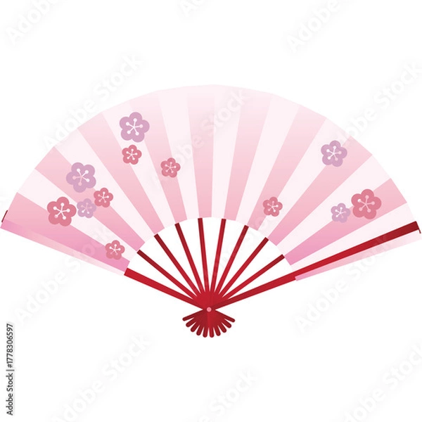 Obraz Traditional Japanese Folding Fan With Cherry Blossom Motifs In Soft Pink And Red Hues Isolated On White Background