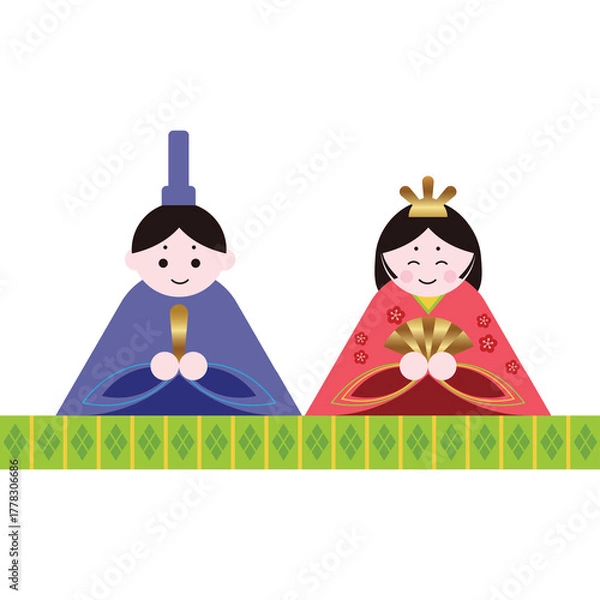 Fototapeta Traditional Japanese Hina Dolls Emperor and Empress in Colorful Kimono with Gold Accents on Decorative Dais with Geometric Pattern