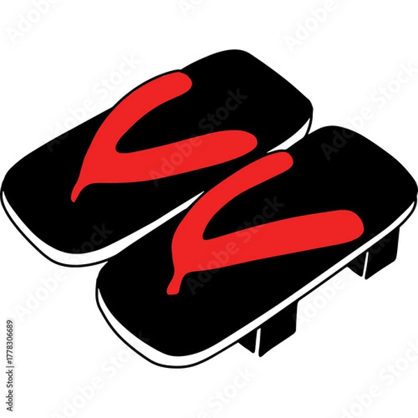 Fototapeta Traditional Japanese Geta Sandals Black with Red Straps Isolated on Transparent Background Simple Vector Illustration