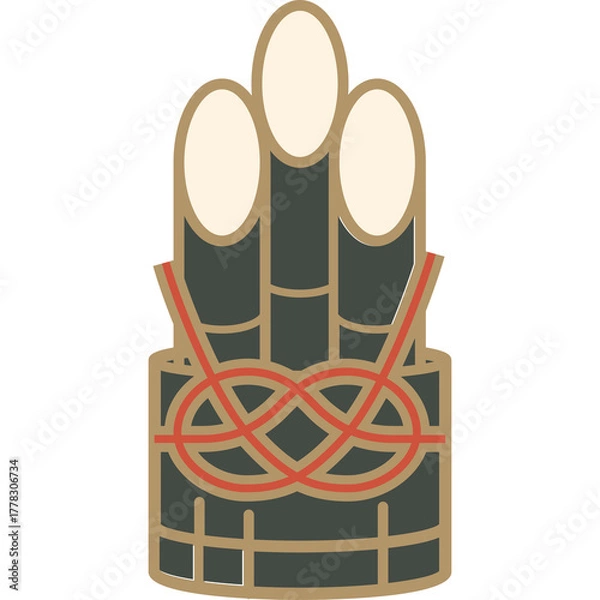 Fototapeta Traditional Japanese Kadomatsu decoration with three bamboo stalks tied with red rope in a simple illustrative style on a white background