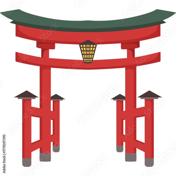 Obraz Traditional Japanese Torii Gate With Red Pillars And Green Roof Isolated On White Background With Lantern
