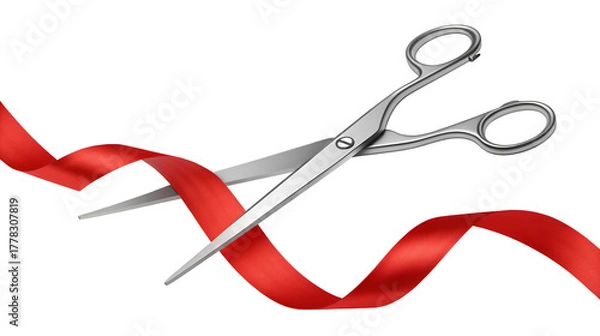 Obraz 3D rendering of shiny metal scissors poised to cut a flowing red ribbon for a ceremonial opening isolated on transparent background